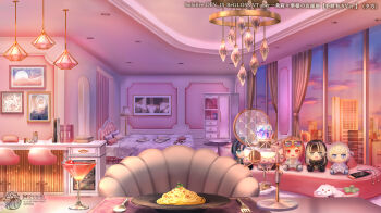 apple armchair bag bed bedroom book book_stack bookshelf bottle building carbonara_(food) ceiling_light chair chandelier character_doll cherry closet cloud cocktail cocktail_glass coffee_table compact_(cosmetics) controller copyright_notice cosmetics couch counter cup curtains desk_microphone dog doll drinking_glass dusk earphones food fork fruit game_console game_controller glass_door_refrigerator grapes handheld_game_console hanging_light hiodoshi_ao hololive hololive_dev_is ichijou_ririka indoors juufuutei_raden lamp lipstick_tube makeup_brush mascara_wand microphone minifridge mizushishi official_art otonose_kanade pasta pet_bed photo_(object) picture_frame pillow placemat plate playstation_5 poodle pop_filter refrigerator rug scenery skyscraper spaghetti spoon stool studio_microphone table todoroki_hajime virtual_youtuber window wine_bottle