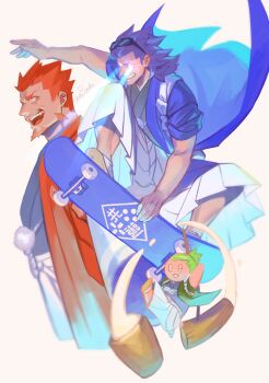 Rule 34 | 2bro., 3boys, absurdres, anija (2bro.), beard, blue hair, commentary request, eye beam, eyewear on head, facial hair, food, green hair, hakama, highres, japanese clothes, kine, male focus, mallet, mochi, multiple boys, open mouth, orange hair, otoja (2bro.), otsuichi (2bro.), saida (ohda ooda), skateboarding, translation request, white hakama