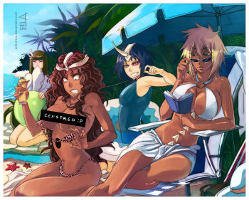 10s 2012 4girls anhellica arrancar ball bar_censor beach beachball bikini bleach blonde_hair blue_eyes blue_hair blunt_bangs blush book breasts brown_hair censored chair cleavage clenched_teeth closed_eyes covering_own_mouth cyan_sung-sun dark-skinned_female dark_skin day emilou_apacci english_text espada evil_grin evil_smile facial_mark franceska_mila_rose green_eyes green_hair grin heterochromia hollow_hole horns innertube kneeling large_breasts long_hair long_sleeves looking_at_another lotion multiple_girls number_tattoo ocean one-piece_swimsuit open_book outdoors palm_tree pulling sarong short_hair single_horn sitting sleeves_past_wrists smile starfish sunglasses sunscreen swim_ring swimsuit tattoo teeth tier_harribel topless_female towel tree umbrella watermark wavy_hair web_address white_bikini yellow_eyes