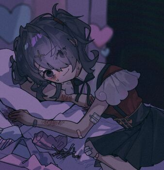 1girl ame-chan_(needy_girl_overdose) bandaid black_hair black_ribbon black_skirt blush cigarette_butt closed_mouth collar collared_shirt embarrassed eyes_visible_through_hair hair_ornament hair_over_one_eye hair_tie hairclip heart indoors jirai_kei long_hair looking_at_viewer lying neck_ribbon needy_girl_overdose qaz_(qa31281914) red_shirt ribbon self-harm shirt skirt smile solo suspender_skirt suspenders sweatdrop twintails white_collar wrist_cutting x_hair_ornament