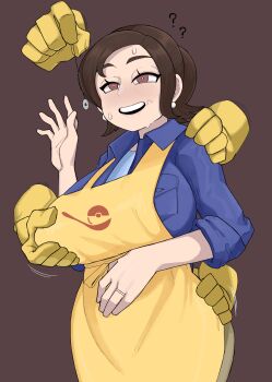 1girl ? ?? absurdres alternate_breast_size apron blue_shirt breast_pocket breasts bright_pupils brown_background brown_eyes brown_hair coin coin_on_string collared_shirt curvy disembodied_hand earrings gen_1_pokemon grabbing_another&#039;s_ass grabbing_another&#039;s_breast groping half-closed_eyes hand_on_another&#039;s_shoulder hand_up highres holding holding_pendulum holding_string holed_coin hypno hypnosis jewelry large_breasts long_sleeves mature_female medium_hair mind_control mother_(pokemon) nintendo open_mouth paldea_mother pendulum pocket pokemon pokemon_(creature) pokemon_sv shinsutebachi shirt simple_background sleeves_rolled_up smile stray_pubic_hair string sweat teeth upper_teeth_only waving white_pupils