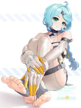 1girl ahoge bare_shoulders blue_choker blue_eyes blue_hair choker closed_mouth clothing_cutout collarbone commentary_request elbow_gloves feet flower_hairpin foot_focus gloves hair_ornament hairpin head_tilt highres knees_up long_hair looking_at_viewer parted_bangs see-through_dress_layer seed_(zenless_zone_zero) simple_background sitting smile solo stirrup_legwear thigh_cutout toeless_legwear toes uixy watermark white_background white_gloves zenless_zone_zero