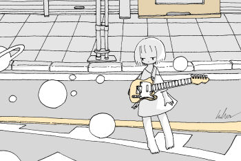 Rule 34 | 1girl, absurdres, barefoot, commentary, electric guitar, greyscale, guitar, highres, instrument, kaduise, monochrome, no pants, original, outdoors, oversized clothes, oversized shirt, planet, road, shirt, short hair, signature, solo, spot color, street