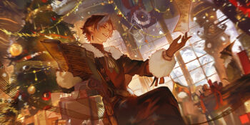 1boy absurdres black_coat black_hair book brown_gloves candle christmas christmas_ornaments christmas_tree coat commentary_request earrings emet-selch final_fantasy final_fantasy_xiv from_side fur-trimmed_coat fur_trim garland_(decoration) gloves highres holding holding_book indoors jewelry looking_to_the_side multicolored_hair musical_note musical_note_print paper short_hair single_earring sitting smile snow solo toy two-tone_hair white_hair window xirco yellow_eyes