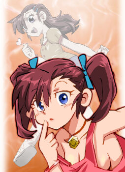 1girl bakusou_kyoudai_let's_&amp;_go!! bakusou_kyoudai_let's_&amp;_go!!_max bent_over blue_eyes blue_ribbon blue_skirt blush bracelet breasts brown_hair brown_sandals choker cleavage collarbone crop_top finger_to_mouth hair_ornament hair_ribbon hairclip heart hexagram jewelry long_hair looking_at_viewer medium_breasts multiple_views onnaski oogami_marina open_mouth orange_background pink_shirt puffy_sleeves ribbon sandals shirt short_sleeves skirt sleeveless sleeveless_shirt small_breasts smile standing standing_on_one_leg strap_slip teeth twintails upper_body yellow_shirt