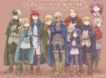 4girls 6+boys ahoge alternate_costume arthur_(fire_emblem_fates) black_hair blonde_hair boots braid brown_footwear candace_(fire_emblem) charlotte_(fire_emblem) fire_emblem fire_emblem_fates green_hair hairband leather leather_boots leo_(fire_emblem_fates) low_twin_braids multiple_boys multiple_girls niles_(fire_emblem) nina_(fire_emblem) nintendo nyx_(fire_emblem) odin_(fire_emblem) parted_bangs pirihiba red_hair shura_(fire_emblem) subaki_(fire_emblem) translation_request twin_braids white_hair white_hairband