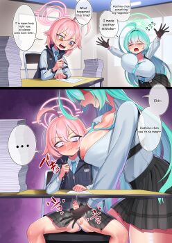 1futa 1girl absurdres alternate_costume antenna_hair aqua_hair aqua_necktie b-tsukael bar_censor blue_archive breasts censored chest_harness english_text erection fang flat_chest futa_with_female futanari halo harness heterochromia highres hoshino_(blue_archive) hoshino_(first_year)_(blue_archive) large_breasts loli long_hair necktie nipples no_testicles penis pink_hair pink_halo short_hair small_penis speech_bubble spread_legs thick_thighs thighs yume_(blue_archive)