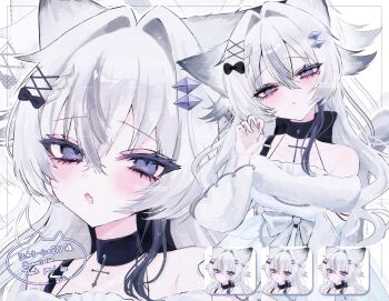 Rule 34 | 0zz uu, 1girl, :<, animal ear fluff, animal ears, bow, commission, diamond hair ornament, dress, hair bow, hair ornament, hairpin, hashtag-only commentary, heart, heart hands, highres, multiple hairpins, open mouth, original, purple eyes, skeb commission, white dress, white hair