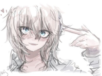 1girl :d anastasia_(idolmaster) arm_up blue_eyes collarbone cropped_torso finger_to_head grey_shirt hair_between_eyes heart idolmaster idolmaster_cinderella_girls kawamochi_(kawauti919) long_sleeves looking_at_viewer moomin moomintroll open_mouth puffy_long_sleeves puffy_sleeves shirt simple_background sketch smile solo upper_body white_background