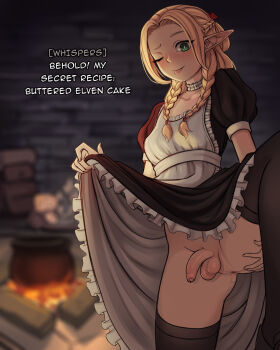 1girl anus apron black_thighhighs blonde_hair braid breasts cauldron clothes_lift dungeon_meshi elf fire flaccid futa_without_pussy futanari green_eyes half_up_braid highres liliacineris maid maid_apron marcille_donato no_panties one_eye_closed penis perineum pointy_ears side_braids skirt skirt_lift small_breasts spread_anus spreading_own_anus testicles thighhighs tongue tongue_out