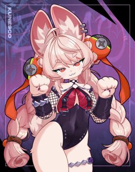 1girl alternate_costume animal_ear_fluff animal_ear_piercing animal_ears black_one-piece_swimsuit black_sarong breast_curtains bright_pupils choker cosplay covered_navel fishnet_sleeves fishnets furry furry_female highres jane_doe_(nocturne_of_light)_(zenless_zone_zero) jane_doe_(zenless_zone_zero) jane_doe_(zenless_zone_zero)_(cosplay) junkybunn leather_leotard loli o-ring o-ring_choker o-ring_necktie o-ring_swimsuit one-piece_swimsuit pink_fur rabbit_ears rabbit_girl sarong short_eyebrows swimsuit thick_eyebrows white_pupils zenless_zone_zero zhao_(zenless_zone_zero)