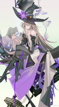 Rule 34 | 1girl, absurdres, bird, black dress, black hat, boots, brown hair, chinese commentary, commentary request, crossed legs, cup, detached sleeves, dress, flower, gradient background, hat, hat flower, herta (honkai: star rail), high heel boots, high heels, highres, holding, holding cup, honkai: star rail, honkai (series), picture frame, purple eyes, purple flower, purple hat, purple ribbon, ribbon, simple background, sitting, solardark09, solo, strapless, strapless dress, stuffed animal, stuffed toy, the herta (honkai: star rail), watermark, weibo username, weibo watermark, witch hat