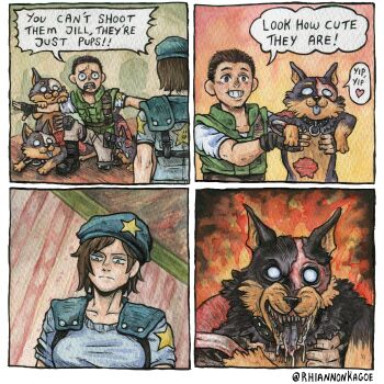 1boy 1girl absurdres animal artist_name beret blue_hat blue_shirt brown_hair chris_redfield commentary dog english_commentary fangs hat highres holding holding_animal holding_dog jill_valentine resident_evil resident_evil_1 rhiannon_kagoe saliva shirt shoulder_pads white_eyes zombie_dog