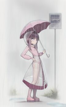 1girl boots bus_stop choker closed_mouth fallenshadow flat_chest from_side full_body hand_on_own_hip highres holding holding_umbrella hood hood_up indie_virtual_youtuber loli long_sleeves looking_ahead medium_hair no_pants outdoors panties pettan_(zeez4743) pink_boots pink_choker pink_eyes pink_panties purple_hair rain raincoat see-through_clothes see-through_raincoat solo standing umbrella underwear virtual_youtuber