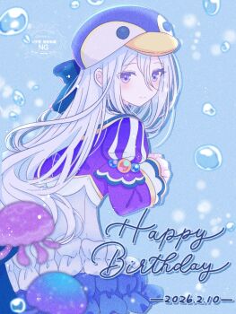 Rule 34 | 1girl, air bubble, blue background, blurry, blurry foreground, blush, bow, bubble, closed mouth, commentary, cowboy shot, dated, dress, english commentary, english text, frilled dress, frills, from side, grey hair, hair between eyes, hands up, happy birthday, hat, highres, jellyfish, juliet sleeves, long bangs, long hair, long sidelocks, long sleeves, looking at viewer, multicolored dress, narase beauitful sound! (project sekai), official alternate costume, penguin hat, project sekai, puffy sleeves, purple dress, purple eyes, sidelocks, simple background, solo, straight hair, tenntya, turning head, two-tone dress, very long hair, watermark, white dress, yoisaki kanade