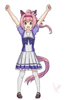 1girl animal_ears blush duplicate haru_urara_(umamusume) highres open_mouth pink_eyes pink_hair pixel-perfect_duplicate ponytail school_uniform solo tracen_school_uniform umamusume white_background