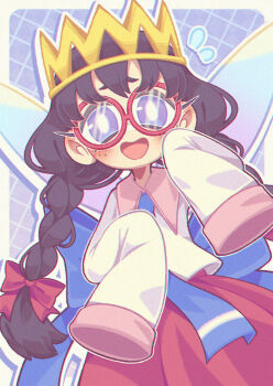 Rule 34 | 1girl, black hair, blush, bow, braid, crown, fairy, fairy wings, glasses, hair bow, highres, kirby (series), kirby 64, long hair, low twin braids, nintendo, open mouth, pink skirt, red bow, ripple star queen, skirt, sleeves past fingers, sleeves past wrists, smile, twin braids, wings, yatsunote