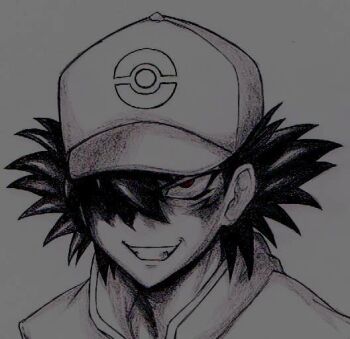 1boy ash_ketchum baseball_cap child evil_face hat nintendo pokemon pokemon_(anime)