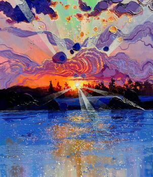 acrylic_paint_(medium) anastasia_trusova cloud cloudy_sky commentary english_commentary evening gradient_sky highres lake no_humans orange_sky original painting_(medium) scenery sky sun sunset traditional_media tree