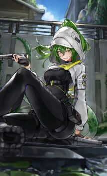 1girl absurdres arknights arknights:_endfield black_bodysuit blue_sky bodysuit breasts commentary day fluorite_(arknights) green_eyes green_hair gun hair_between_eyes highres holding holding_gun holding_weapon hooded_shrug knee_up long_hair looking_at_viewer m3ru medium_breasts outdoors parted_lips ponytail pouch reflective_surface shrug_(clothing) sitting sky smile snake_tail solo tail weapon white_shrug