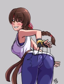 1girl absurdres ass braid braided_ponytail breasts brown_eyes brown_hair clothes_lift deathzerareal dougi female_focus from_behind gloves hairband highres huge_ass huge_breasts karate_gi large_breasts leggings long_hair looking_at_viewer looking_back one_eye_closed pale_skin pants skin_tight skirt skirt_lift smile smiley_face spandex spanked spanking the_king_of_fighters thick_thighs thighs tight_clothes tight_pants wink yoga_pants yuri_sakazaki
