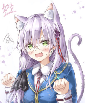 Rule 34 | 1girl, absurdres, animal ear fluff, animal ears, ayaro (genkiloobaii), black ribbon, blue jacket, blush, cat ears, cat girl, cat tail, collared shirt, commentary request, embarrassed, extra ears, eyelashes, eyes visible through hair, glasses, green eyes, grey hair, hair between eyes, hair ribbon, hands up, heart, heaven burns red, highres, izumi yuki (heaven burns red), jacket, kemonomimi mode, long hair, long sleeves, looking at viewer, low side ponytail, neck ribbon, open mouth, paw pose, red ribbon, ribbon, round eyewear, shirt, signature, simple background, solo, squiggle, sweatdrop, tail, tail raised, upper body, v-shaped eyebrows, white background, white shirt