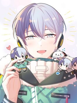 Rule 34 | 1boy, :d, aoyagi touya, blue eyes, blue hair, character doll, closed mouth, commentary request, doll, earmuffs, hand up, heart, highres, holding, holding doll, long sleeves, looking at viewer, male focus, mole, mole under eye, multicolored hair, notice lines, official alternate costume, open mouth, period of nocturne (project sekai), project sekai, same dreams same colors (project sekai), short hair, simple background, smile, solo, split-color hair, topi (crushedpaprika), two-tone hair, upper body, winter clothes, zipper