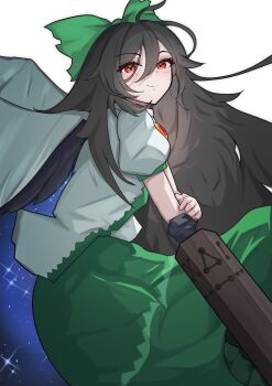 1girl absurdres bird_wings black_hair black_wings blush bow breasts brown_hair control_rod_(touhou) green_bow green_skirt hair_bow highres holding holding_hands holding_weapon long_hair red_eyes reiuji_utsuho shirt skirt smile solo starry_sky_print suzukiairi0001 third_eye third_eye_on_chest touhou weapon wings