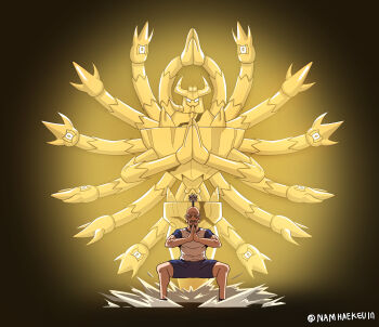 1boy alternate_color barbaracle barnacle extra_arms extra_eyes extra_hands gen_6_pokemon grey_hair highres hunter_x_hunter isaac_netero mega_barbaracle mega_pokemon namhaekeuin nintendo pokemon pokemon_legends:_z-a praying signature twitter_username white_eyes