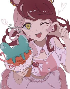 0311_mm ;d animal_ears collar crepe ear_ornament facial_mark food heart heart_facial_mark heart_on_cheek highres holding holding_crepe holding_food horse_ears horse_girl long_hair loves_only_you_(umamusume) meni_shuki_rush-sshu! multicolored_hair one_eye_closed open_mouth pink_collar pink_hair pink_shirt pink_skirt red_hair shirt short_sleeves skirt smile sparkle umamusume wink_heart yellow_eyes