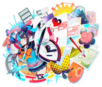 1girl absurdres adapted_costume arrow_(projectile) black_choker black_thighhighs blue_nails bow bug butterfly choker discat fate/grand_order fate_(series) flower grin heart highres insect jacket mount_fuji multicolored_hair one_eye_closed orange_bow paper pink_flower red_nails sei_shounagon_(fate) smile sunglasses thighhighs twintails unworn_eyewear v v_over_eye white_jacket