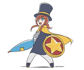 1girl :3 a_hat_in_time blue_eyes blue_umbrella brown_hair buckler cape check_commentary closed_umbrella commentary commentary_request full_body hat hat_kid hat_ribbon holding holding_shield holding_umbrella jacket long_hair long_sleeves looking_at_viewer open_mouth oudon_tue pants ponytail purple_hat purple_jacket purple_shoes ribbon shadow shield shoes sidelocks simple_background smile solo standing star_(symbol) top_hat umbrella white_background white_pants yellow_cape yellow_ribbon zipper_pull_tab