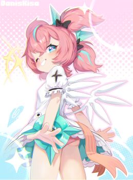 +_+ 1girl absurdres artist_name ass black_bow blue_eyes blue_hair bow dress grin highres kisahuiisa loli looking_at_viewer multicolored_hair one_eye_closed panties pantyshot parted_lips pink_hair pink_panties short_dress short_hair smile solo streaked_hair twintails underwear white_dress white_wings wings yutane_johiel zenless_zone_zero