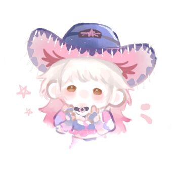 Rule 34 | 1girl, adventure ride (infinity nikki), black choker, blue gloves, blue hat, blue shirt, brown eyes, chibi, chinese commentary, choker, commentary request, cowboy hat, cowgirl (western), cropped torso, diamond choker, double finger gun, fengmi youzi hua, finger gun, fingerless gloves, frilled gloves, frills, fringe trim, gloves, gradient hair, hat, highres, infinity nikki, light blush, midriff, multicolored hair, nikki (series), no mouth, notice lines, official alternate color, pants, pink hair, pink hat, pink pants, pink shirt, puffy short sleeves, puffy sleeves, shirt, short sleeves, simple background, solid oval eyes, solo, star (symbol), striped clothes, striped shirt, two-sided fabric, two-sided headwear, two-tone hair, two-tone shirt, vertical-striped clothes, vertical-striped shirt, white background, white hair