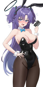 1girl absurdres alternate_costume animal_ears black_halo black_leotard black_pantyhose blue_archive detached_collar halo highres leotard mechanical_halo pantyhose parang99 playboy_bunny purple_hair rabbit_ears solo yuuka_(blue_archive)