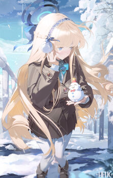 1girl blonde_hair blue_archive blue_eyes brown_jacket brown_shoes brown_skirt chinese_commentary commentary_request day hairband halo helic_(7317helic) highres holding_snowman jacket long_hair long_sleeves outdoors pantyhose pleated_skirt shoes skirt snow solo standing toki_(blue_archive) very_long_hair white_pantyhose