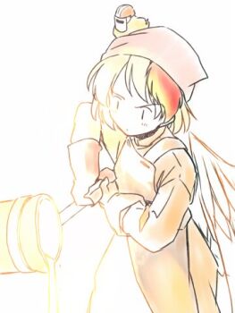 1girl alternate_costume animal animal_on_head apron baby_animal bird bird_on_head blonde_hair chick commentary_request concentrating crucible feathered_wings gloves hard_hat headscarf helmet lowres molten_metal multicolored_hair niwatari_kutaka on_head pouring raised_eyebrow rangycrow red_hair sketch solo touhou two-tone_hair welding_mask wings |_|