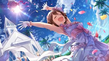 1girl ^_^ arms_up bouquet bouquet_toss brown_hair church closed_eyes commentary_request day dress falling_petals flower from_behind game_cg idolmaster idolmaster_million_live! idolmaster_million_live!_theater_days kasuga_mirai lens_flare official_art open_mouth outdoors outstretched_arms palm_tree petals short_hair sky smile solo_focus sun sunlight third-party_source throwing tree wedding wedding_dress