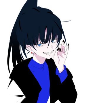 Rule 34 | 1girl, ado (utaite), black hair, black jacket, blue eyes, blue shirt, clenched teeth, earrings, hand up, jacket, jewelry, logo, long hair, naima (ado), ohiyaglass, ponytail, shirt, simple background, solo, teeth, upper body, usseewa, white background