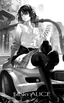 1girl alice_(sinoalice) black_hair black_thighhighs building cable car closed_mouth clothes_around_waist copyright_name crossed_legs dress_shirt dress_shoes greyscale headphones highres himiko_(326ontheweb) holding holding_phone looking_to_the_side monochrome motor_vehicle on_car phone plaid_clothes plaid_skirt reaching reaching_towards_viewer reality_arc_(sinoalice) shirt short_hair sinoalice sitting skirt sleeve_rolled_up smartphone_case solo thighhighs zettai_ryouiki