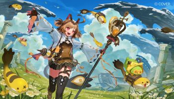 Rule 34 | 1girl, :d, ahoge, black skirt, black thighhighs, blonde hair, blue sky, braid, brown gloves, brown hair, brown shirt, chinese commentary, cloud, commentary request, copyright name, crown braid, day, fangs, garter straps, gigi murin, gloves, grem (gigi murin), highres, holding, hololive, hololive english, hood, hooded jacket, jacket, long sleeves, miniskirt, multicolored hair, official art, open mouth, outdoors, outstretched arms, partially fingerless gloves, pink eyes, pleated skirt, popo (gigi murin), quan 1919, sharp teeth, shirt, short hair, short twintails, single garter strap, skirt, sky, smile, tail, teeth, thigh strap, thighhighs, twintails, two-tone hair, virtual youtuber, white jacket, wide sleeves