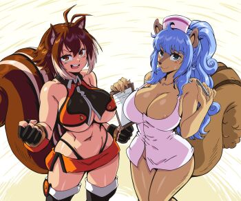 2girls animal_ears areola_slip bare_shoulders blazblue blue_hair breasts brown_eyes brown_fur brown_hair cleavage crossover dress fingerless_gloves gloves hat highres large_breasts long_hair looking_at_viewer makoto_nanaya microskirt multiple_girls one_piece pen short_dress short_hair skirt sleeveless squirrel_ears squirrel_tail tail teeth tristan_(one_piece) underboob upper_teeth_only