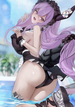 1girl 462vvv absurdres arknights ass black_hairband black_horns black_one-piece_swimsuit black_tail blurry blurry_background breasts commentary fake_horns flower frilled_hairband frilled_one-piece_swimsuit frilled_wristband frills from_behind hairband highres horn_flower horn_hairband horns huge_breasts long_tail looking_at_viewer looking_back official_alternate_costume one-piece_swimsuit partially_submerged pink_eyes purple_hair revision sideboob smile solo swimsuit tail typhon_(arknights) typhon_(temperature_difference)_(arknights) wading wristband