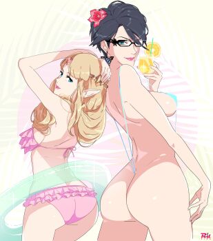 2girls ass bayonetta bayonetta_(series) bayonetta_2 bikini black_hair blonde_hair blue_eyes breasts earrings female_focus flower flower_on_head frilled_bikini frills glasses hair_ornament highres jewelry lipstick long_hair makeup mole mole_under_mouth multiple_girls nintendo princess_zelda r3dfive sideboob slingshot_swimsuit swimsuit the_legend_of_zelda the_legend_of_zelda:_a_link_between_worlds