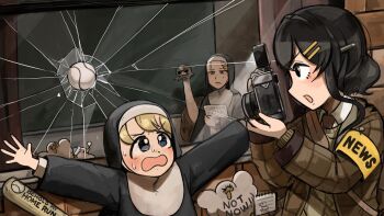 3girls ball baseball_(object) baseball_bat bird black_hair blonde_hair blue_eyes body_writing broken_window brown_coat camera chalkboard chicken clumsy_nun_(diva) coat commentary diva_(hyxpk) duck english_commentary hair_ornament hairpin highres holding holding_camera little_nuns_(diva) mole mole_on_cheek multiple_girls nun ostrich short_hair strict_nun_(diva) traditional_nun