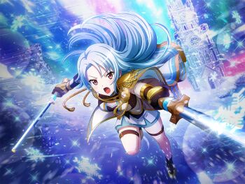 Rule 34 | 1girl, baton (weapon), belt, brown eyes, brown gloves, castle, dual wielding, epaulettes, fingerless gloves, floating hair, game cg, gloves, holding, holding baton (weapon), incoming attack, long hair, long sleeves, looking at viewer, motion blur, official art, oogami shiro, open mouth, shirt, shoujo kageki revue starlight, shoujo kageki revue starlight -re live-, sidelocks, skirt, snowflakes, solo, thigh belt, thigh strap, upper body, v-shaped eyebrows, waist cape, weapon, white hair, white shirt, white skirt