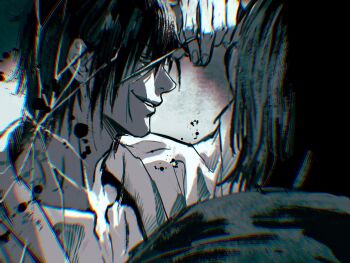 1boy blood_on_mirror broken_mirror chinese_commentary commentary_request evil_smile fushiguro_touji greyscale highres jujutsu_kaisen looking_at_viewer male_focus mirror momoyoru1 monochrome reflection reflection_focus short_hair smile solo