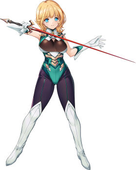 1girl bare_arms blonde_hair blue_eyes boots breasts choukou_(alicesoft) choukou_taisen_escalation_heroines gloves haniel highres holding holding_sword holding_weapon large_breasts looking_at_viewer min-naraken minazuki_hanii official_art short_hair solo sword tachi-e weapon white_boots white_gloves