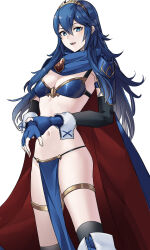 Rule 34 | 1girl, ameno (a meno0), armor, bikini, bikini armor, blue bikini, blue eyes, blue hair, boots, breasts, cape, elbow gloves, fingerless gloves, fire emblem, fire emblem awakening, fold-over boots, gloves, loincloth, long hair, lucina (fire emblem), navel, nintendo, open mouth, shoulder armor, simple background, small breasts, smile, solo, standing, swimsuit, symbol-shaped pupils, tiara, very long hair, white background