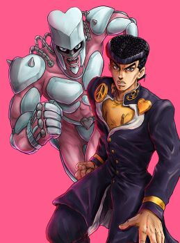 1boy absurdres anchor_symbol black_hair black_jacket buttons clenched_hand commentary_request crazy_diamond earrings fingernails gakuran glaring grey_eyes heart higashikata_josuke highres jacket jewelry jojo_no_kimyou_na_bouken kaib0y long_sleeves looking_at_viewer male_focus open_mouth peace_symbol pink_background pompadour school_uniform shirt short_hair simple_background solo spikes stand_(jojo) yellow_shirt